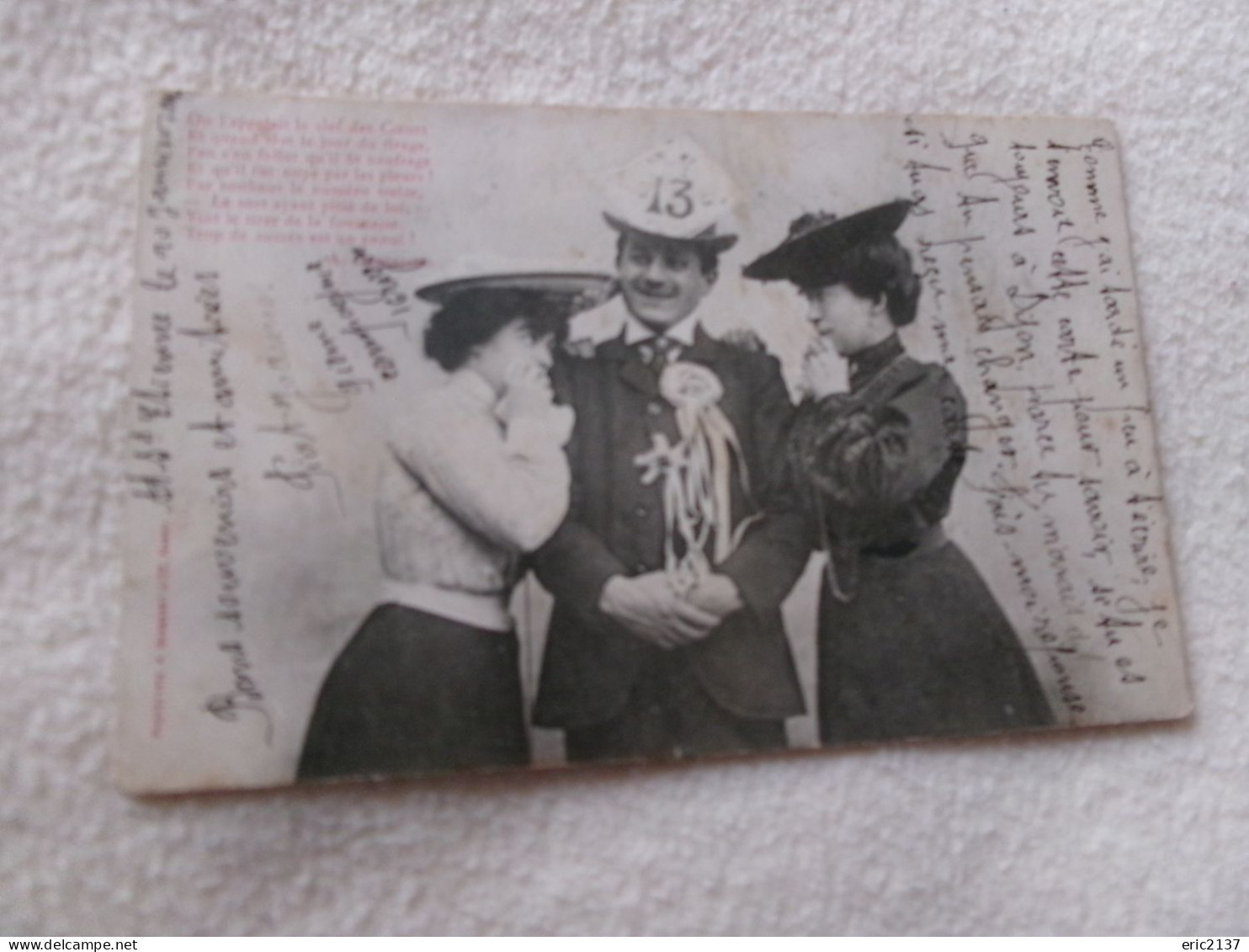 BELLE CARTE FANTAISIE SIGNEE BERGERET " N°13" ...HOMME AVEC 2 FEMMES.CACHET ST-ETIENNE 1904 (vente 1.70) - Bergeret