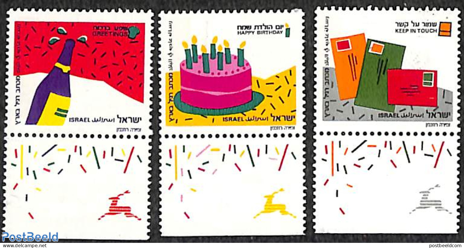 Israel 1991 Greeting Stamps 3v, Mint NH, Various - Greetings & Wishing Stamps - Ongebruikt (met Tabs)