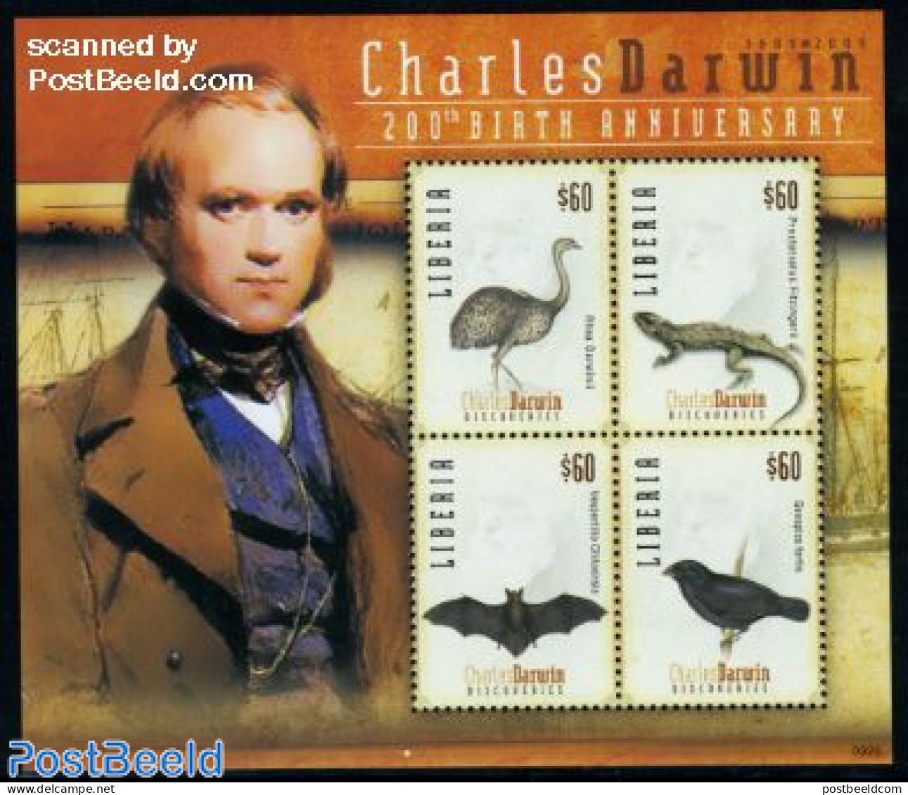 Liberia 2009 Charles Darwin 4v M/s, Mint NH, History - Nature - Explorers - Animals (others & Mixed) - Bats - Birds - .. - Explorers