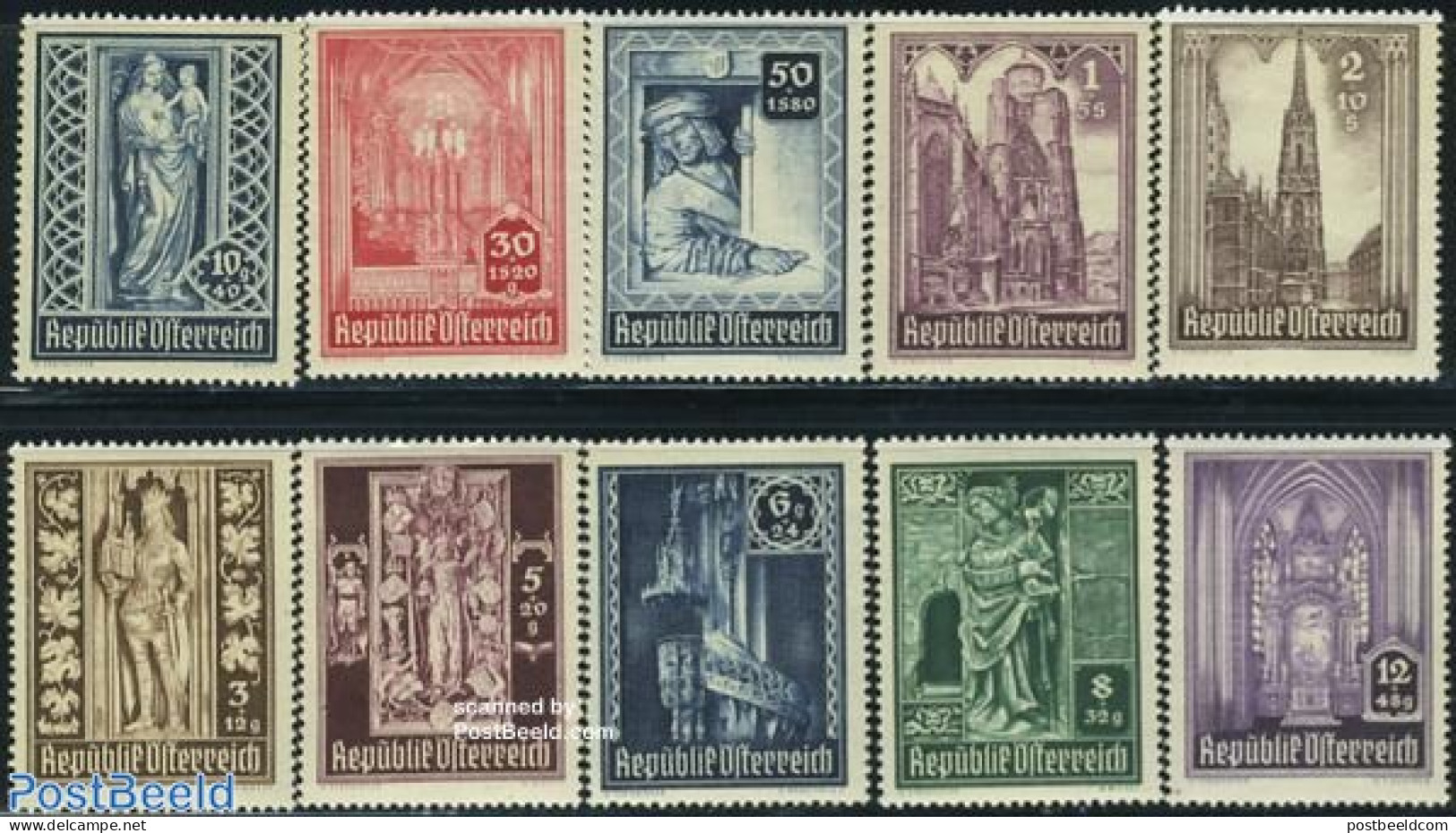 Austria 1946 Stephan Dom Reconstruction 10v, Mint NH, Religion - Churches, Temples, Mosques, Synagogues - Art - Sculpt.. - Nuovi