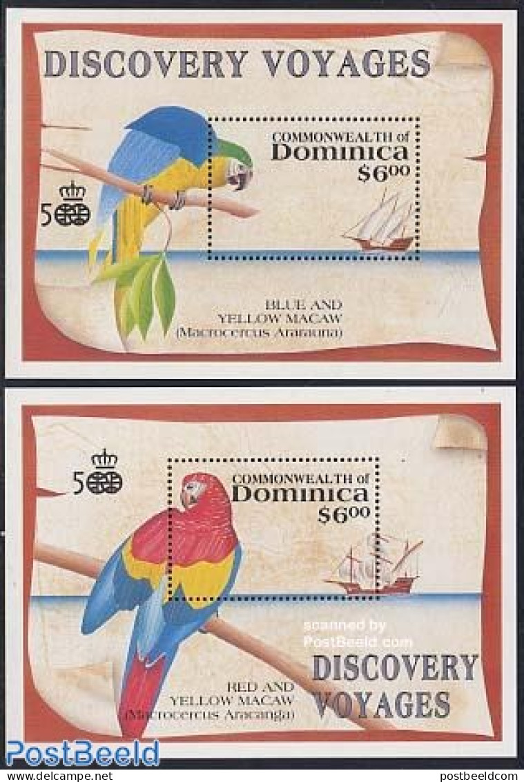 Dominica 1991 Discovery Of America 2 S/s, Mint NH, History - Nature - Transport - Explorers - Birds - Parrots - Ships .. - Explorateurs