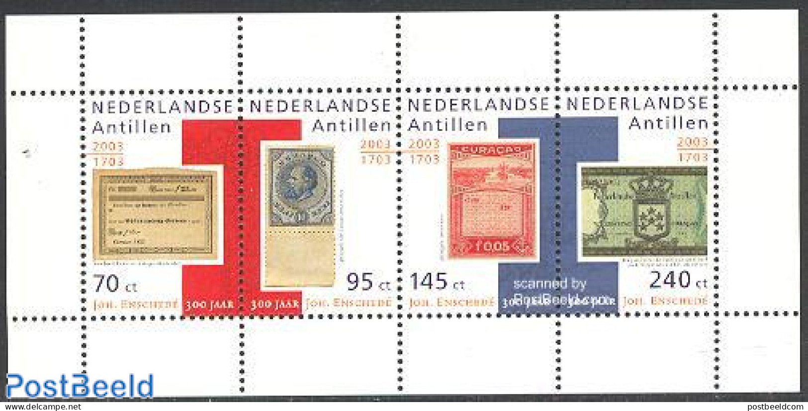 Netherlands Antilles 2003 Joh Enschede Printers 4v M/s, Mint NH, Transport - Various - Stamps On Stamps - Ships And Bo.. - Briefmarken Auf Briefmarken