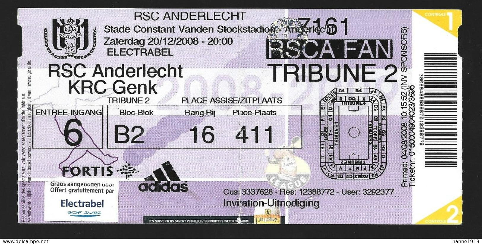 Anderlecht Football Ticket 2008 RSC Anderlecht KRC Genk Voetbal Ticket Htje - Fussball