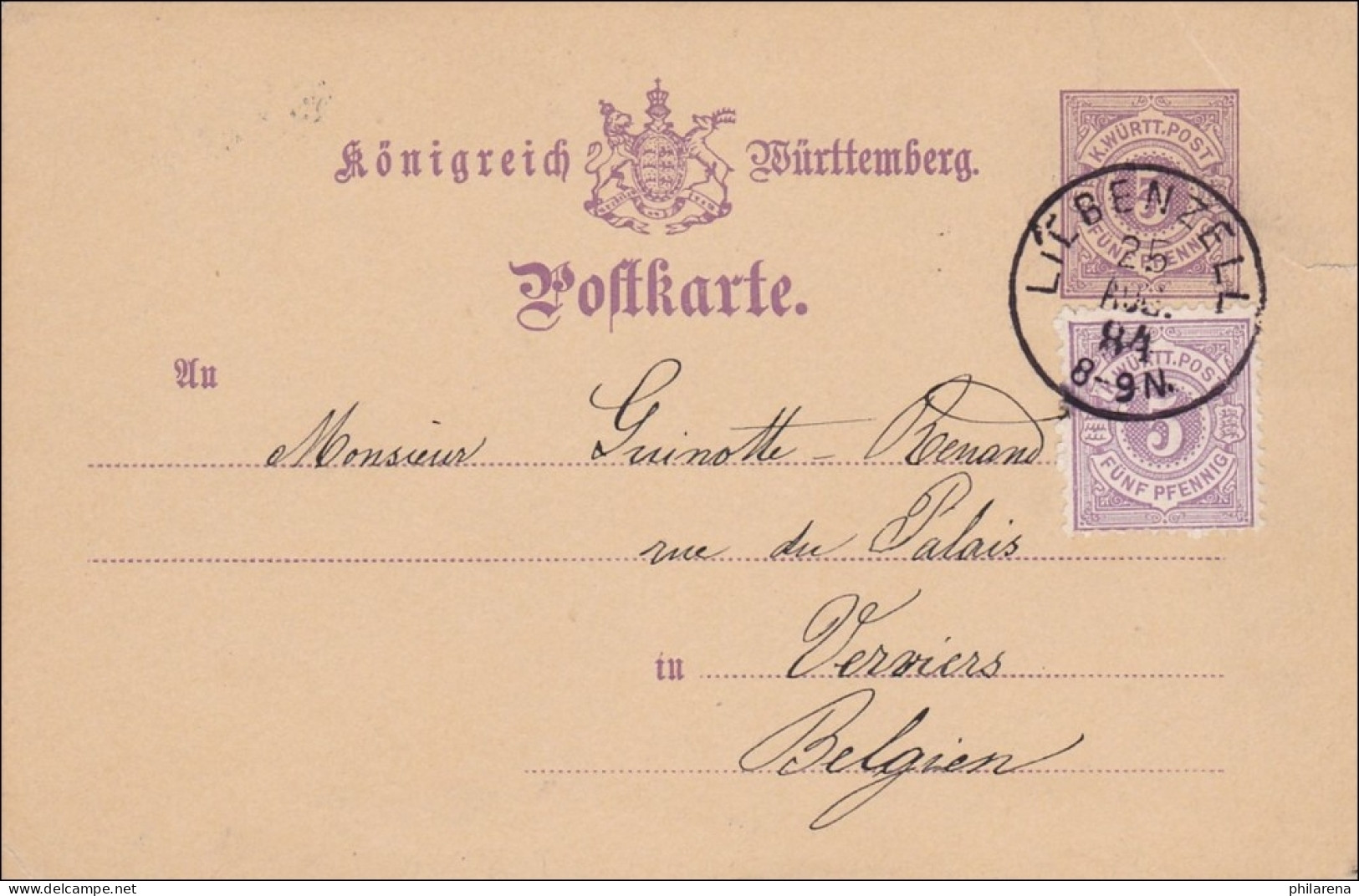 Württemberg:  Ganzsache Von Liebenzell Nach Belgien 1884 - Lettres & Documents