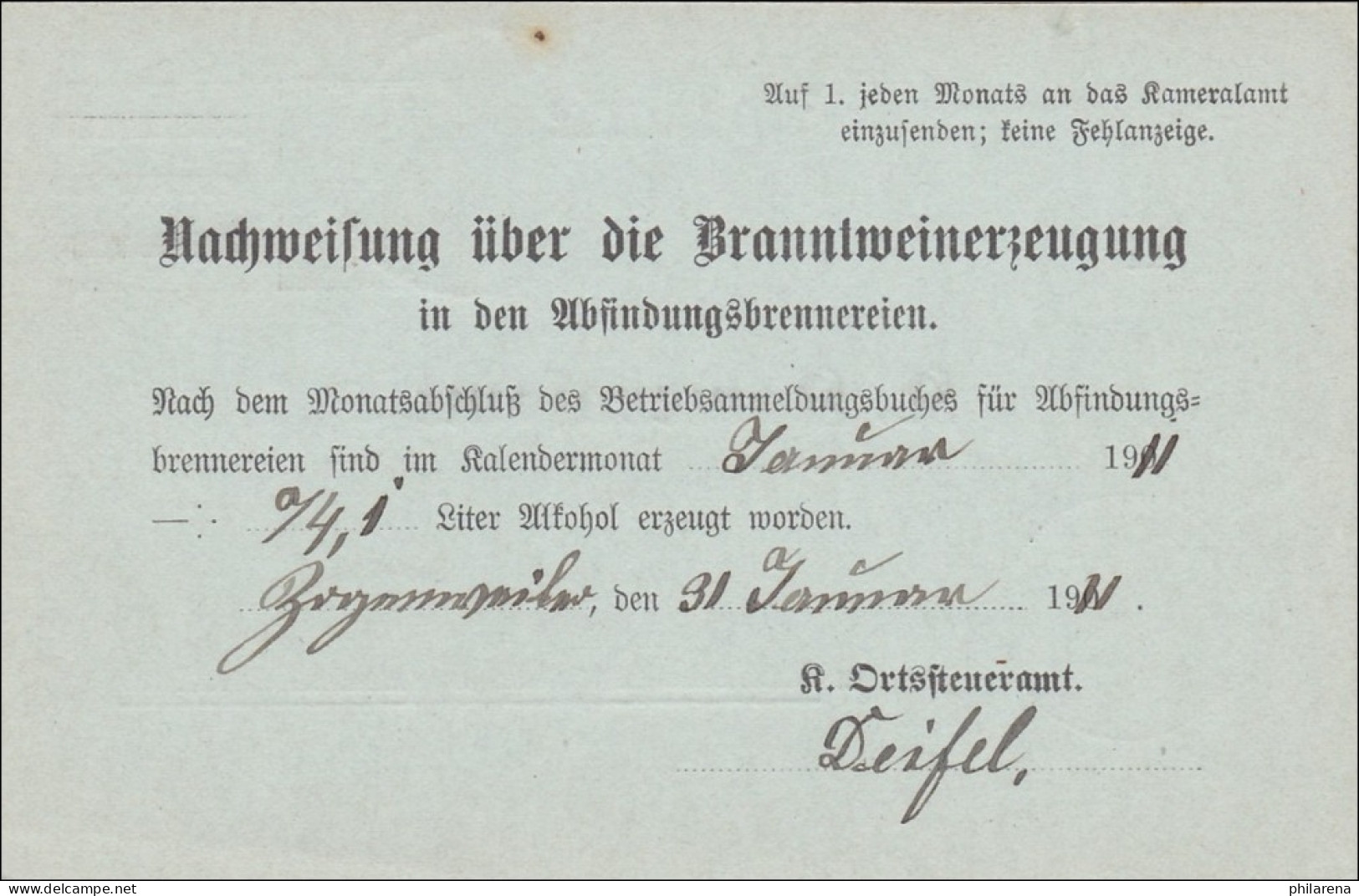 Württemberg: Ganzsache Zogenweiler Weingarten 1911, Meldung Branntweinerzeugung - Briefe U. Dokumente