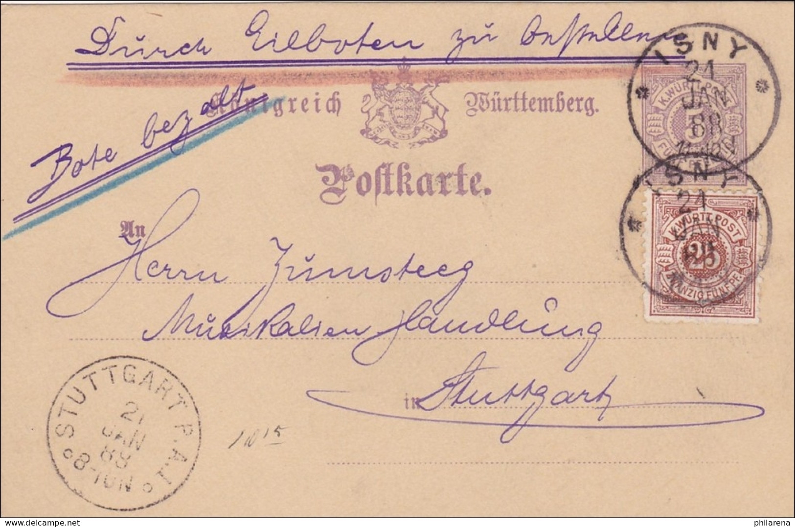 Württemberg:  Ganzsache Von Isny Nach Stuttgart - Bote Bezahlt - Lettres & Documents