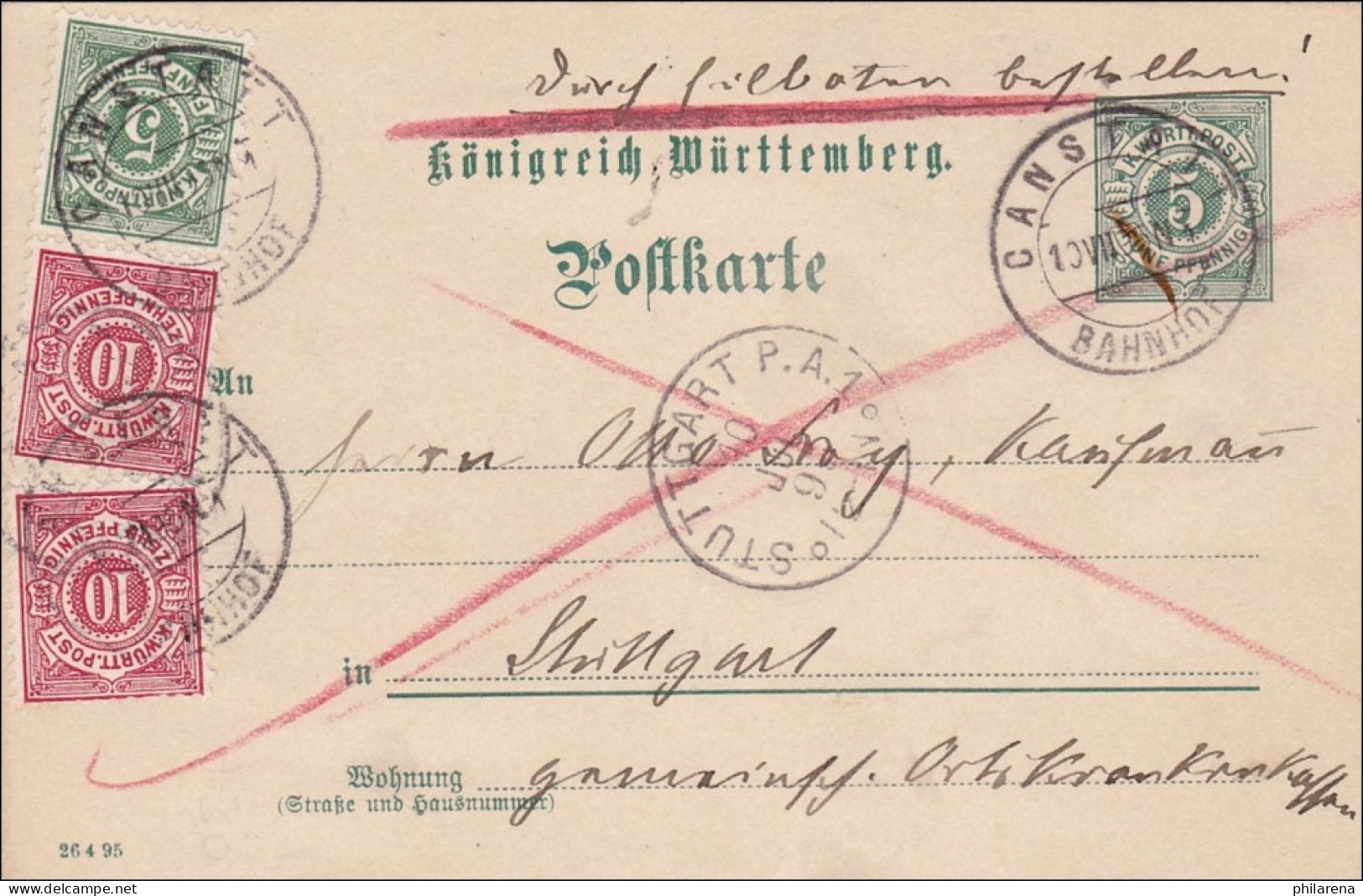 Württemberg:  Ganzsache Von Canstatt Nach Stuttgart - Bote Bezahlt  1893 - Storia Postale