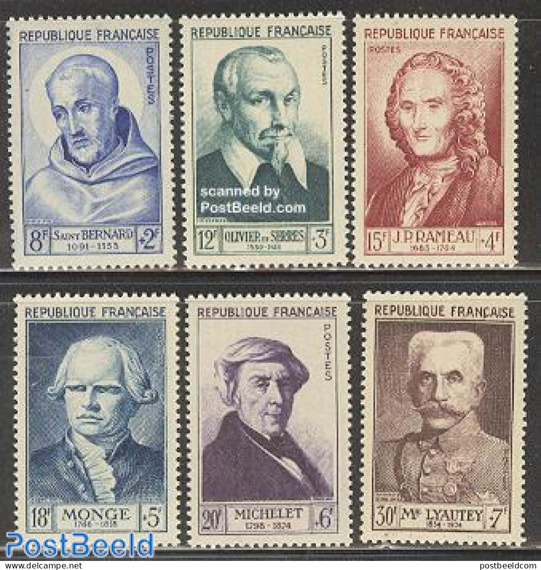 France 1953 Famous Persons 6v, Mint NH, History - Performance Art - Religion - Science - Militarism - Music - Religion.. - Nuovi