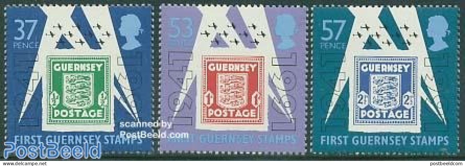 Guernsey 1991 First Stamp 50th Anniversary 3v, Mint NH, History - Transport - Coat Of Arms - Militarism - World War II.. - Militares