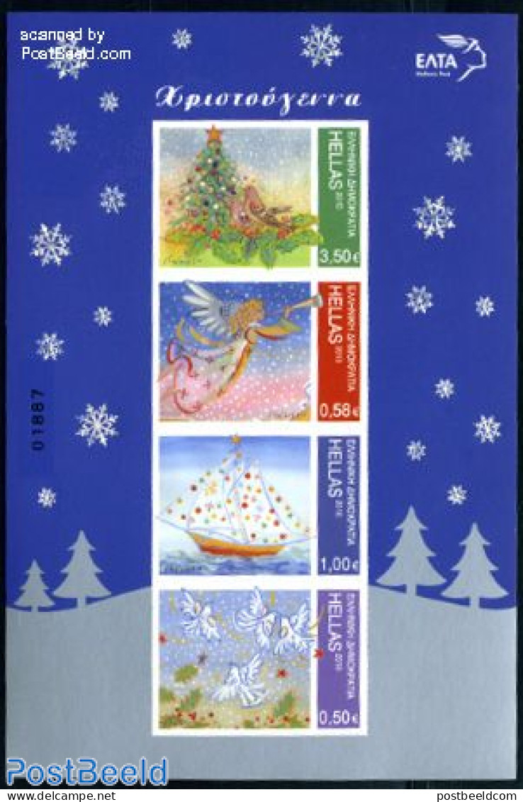 Greece 2010 Christmas 4v S-a M/s, Mint NH, Nature - Religion - Transport - Birds - Angels - Christmas - Ships And Boats - Nuovi