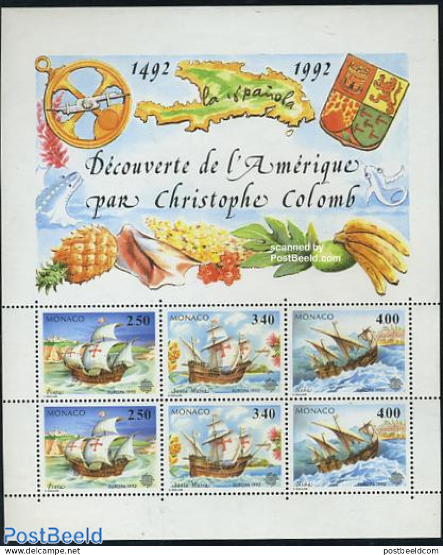 Monaco 1992 Europa, Discovery Of America S/s, Mint NH, History - Transport - Europa (cept) - Explorers - Ships And Boats - Unused Stamps