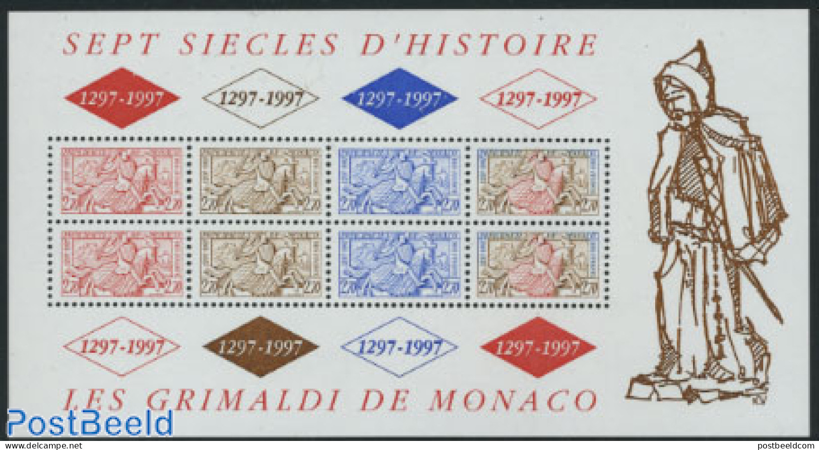 Monaco 1997 Grimaldi Dynasty S/s, Mint NH, History - Nature - Knights - Horses - Stamps On Stamps - Ungebraucht