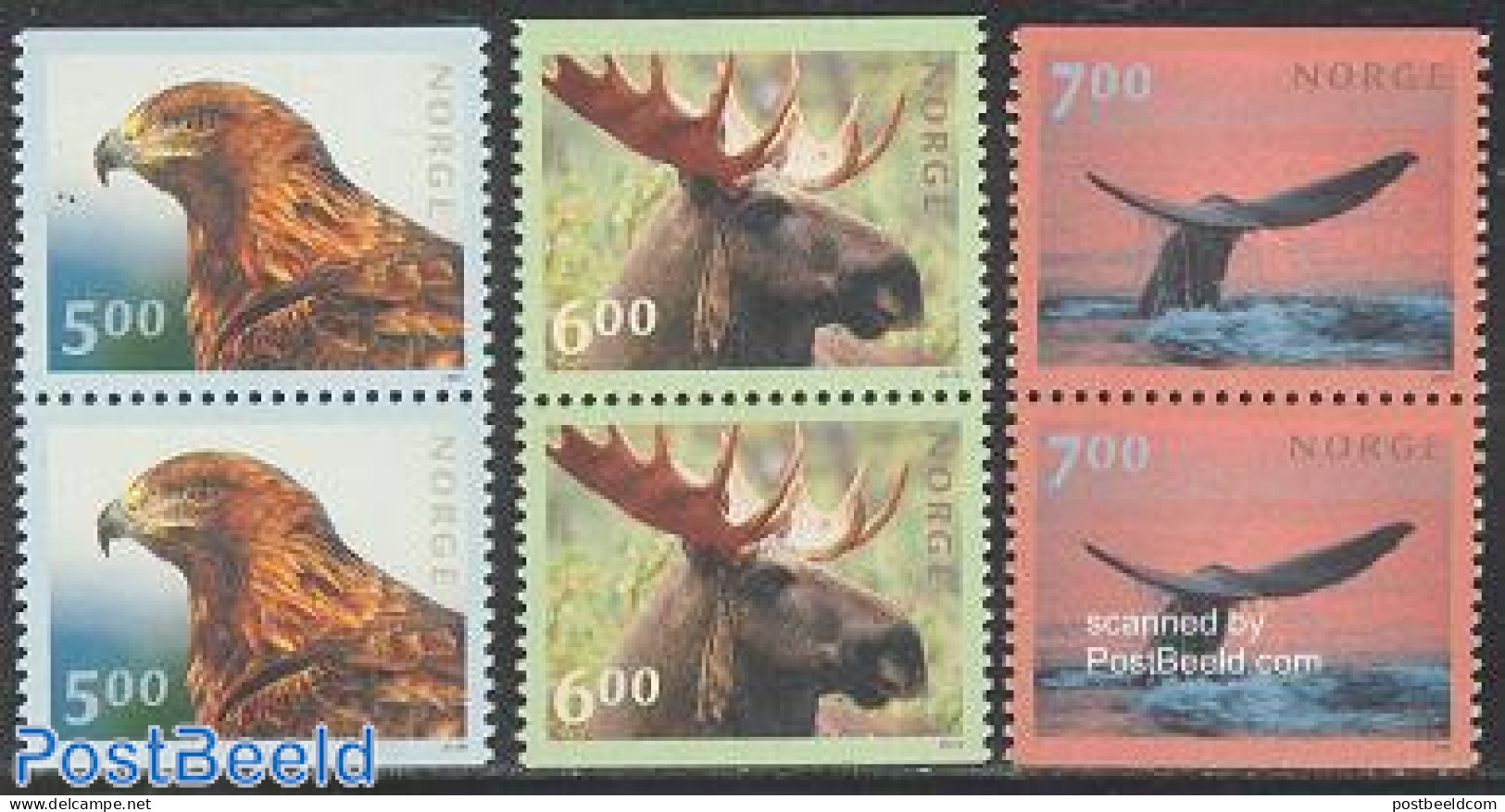Norway 2000 Animals 3x2v [:], Mint NH, Nature - Animals (others & Mixed) - Birds - Birds Of Prey - Deer - Sea Mammals - Nuovi