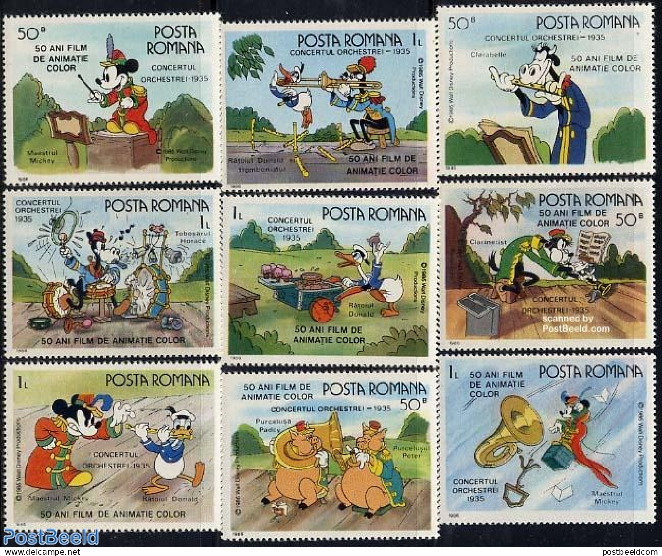 Romania 1986 Disney, Film 9v, Mint NH, Performance Art - Film - Music - Art - Disney - Unused Stamps