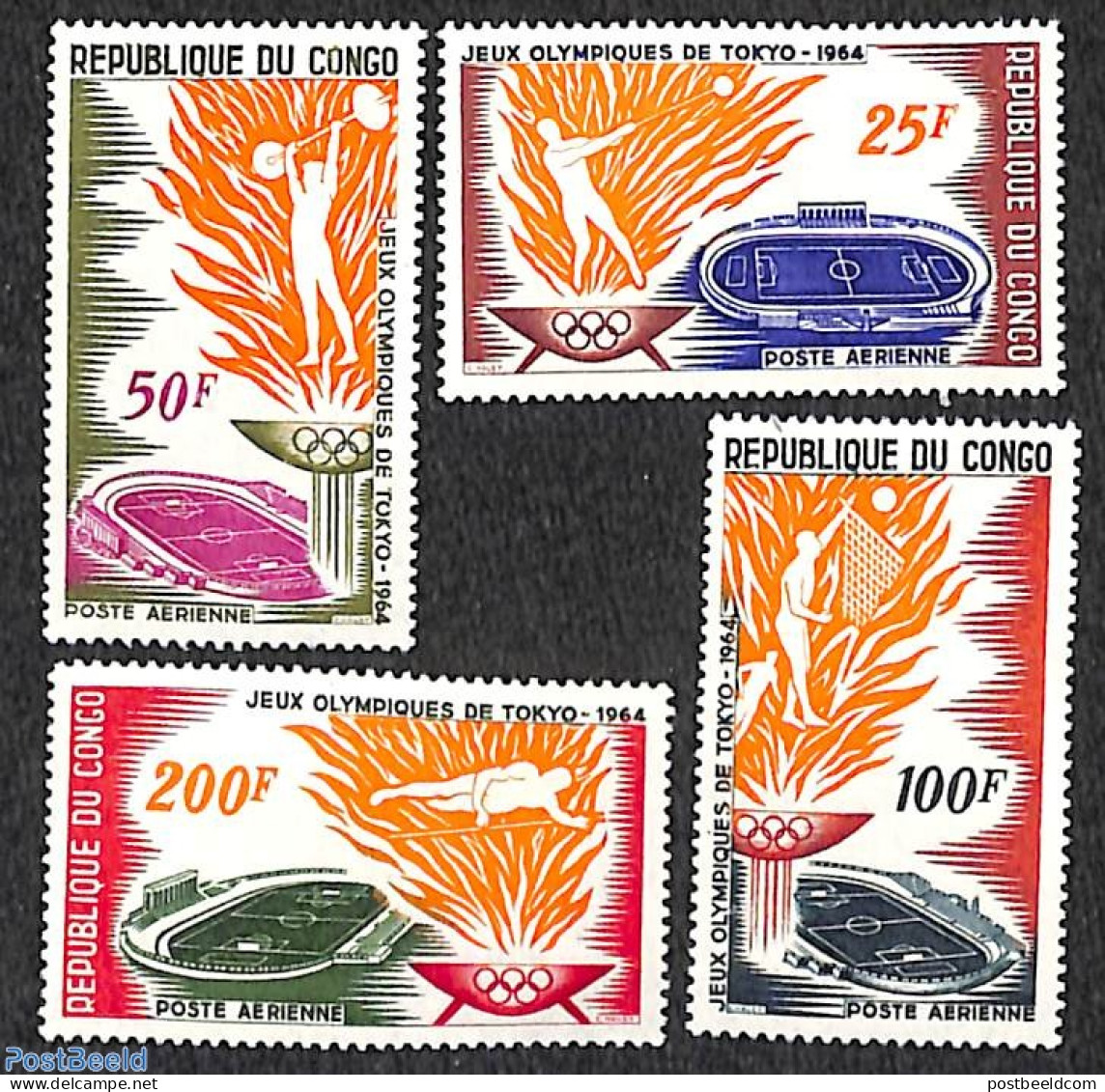 Congo Republic 1964 Olympic Games 4v, Mint NH, Sport - Athletics - Olympic Games - Volleyball - Weightlifting - Athletics