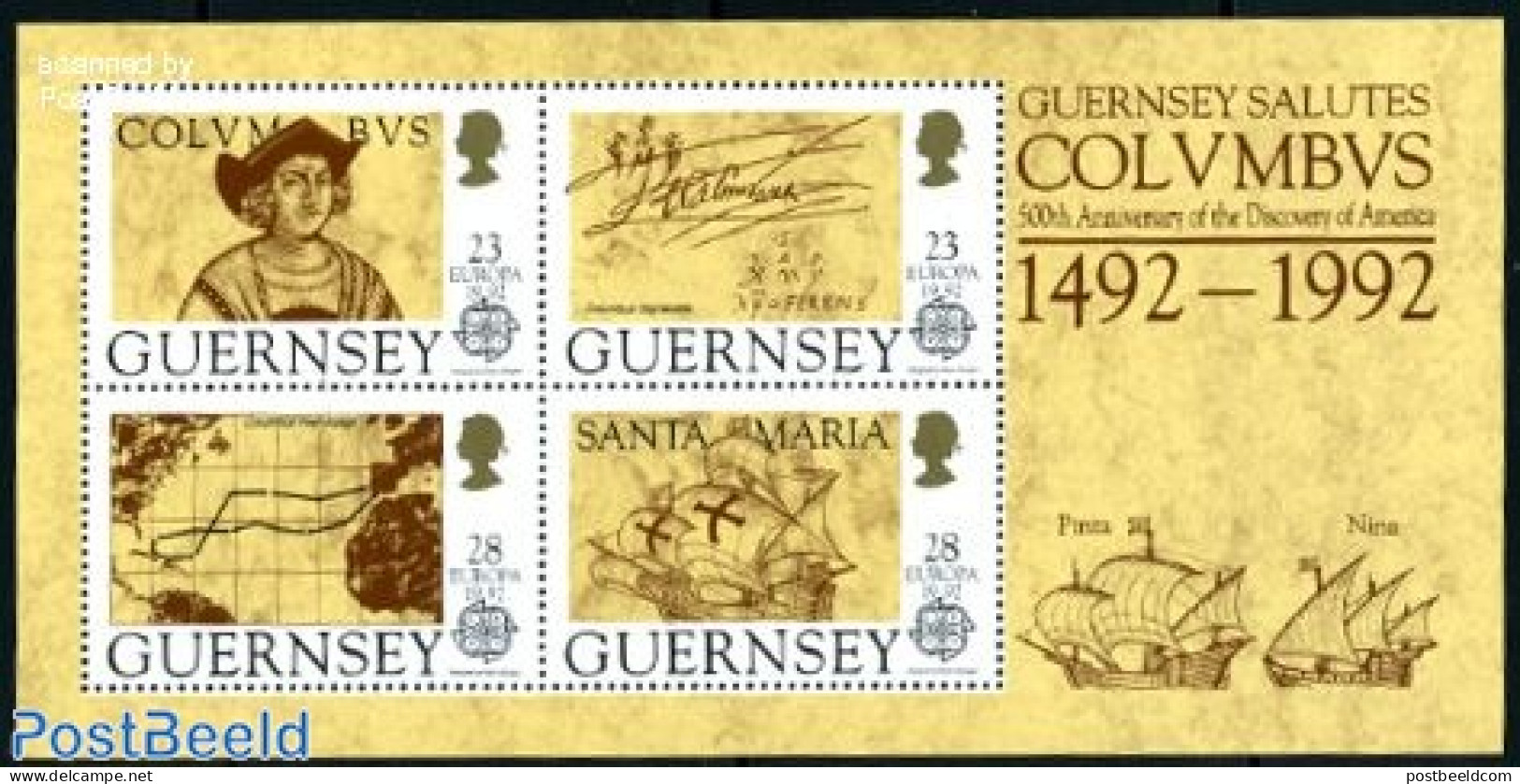 Guernsey 1992 Europa, Discovery Of America S/s, Mint NH, History - Transport - Various - Europa (cept) - Explorers - S.. - Explorateurs