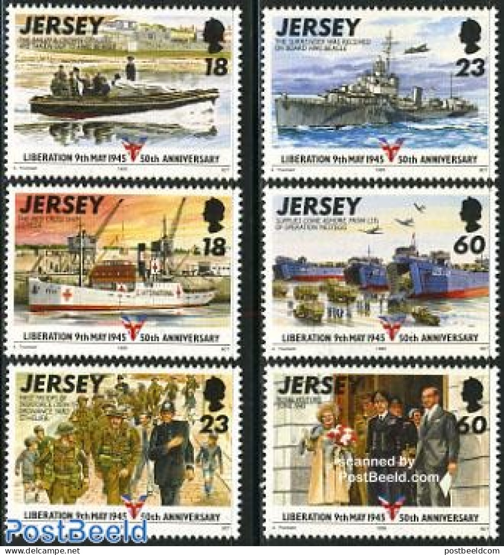 Jersey 1995 Liberation 6v, Mint NH, History - Transport - Kings & Queens (Royalty) - Militarism - Aircraft & Aviation .. - Royalties, Royals