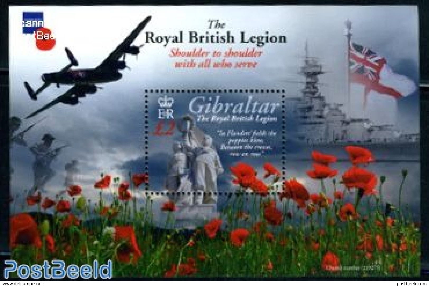 Gibraltar 2011 90 Years British Legion S/s, Mint NH, Nature - Transport - Flowers & Plants - Aircraft & Aviation - Shi.. - Avions