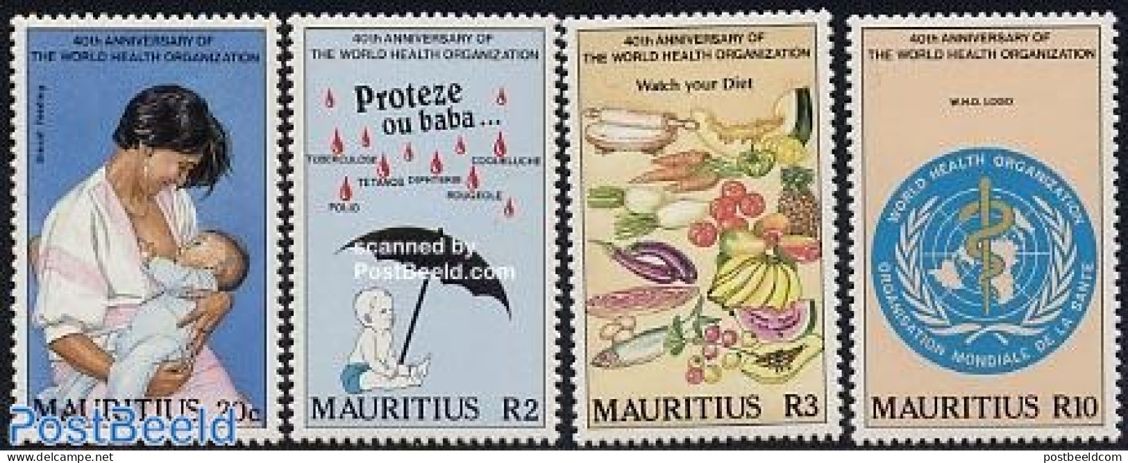 Mauritius 1988 40 Years W.H.O. 4v, Mint NH, Health - Nature - Food & Drink - Health - Fish - Fruit - Alimentación