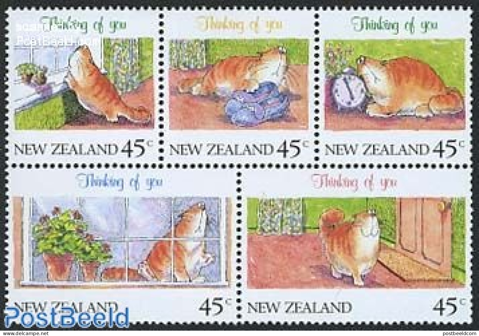New Zealand 1991 Cats, Greetings 5v (from Booklet), Mint NH, Nature - Cats - Ongebruikt
