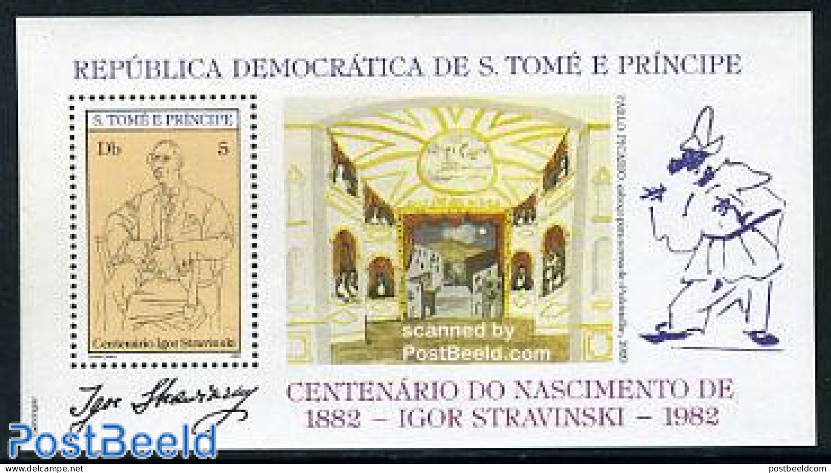 Sao Tome/Principe 1982 Strawinsky S/s, Mint NH, Performance Art - Music - Art - Pablo Picasso - Muziek