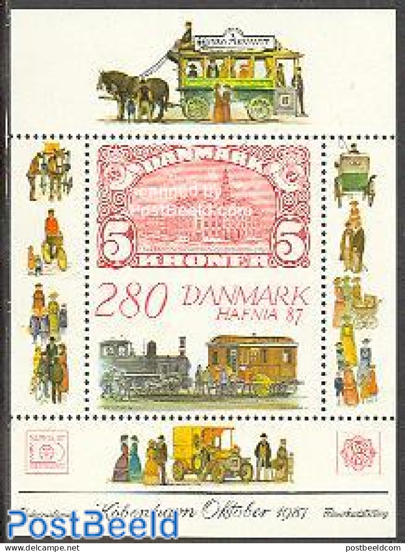 Denmark 1987 Hafnia 87 S/s, Mint NH, Sport - Transport - Cycling - Post - Stamps On Stamps - Railways - Unused Stamps