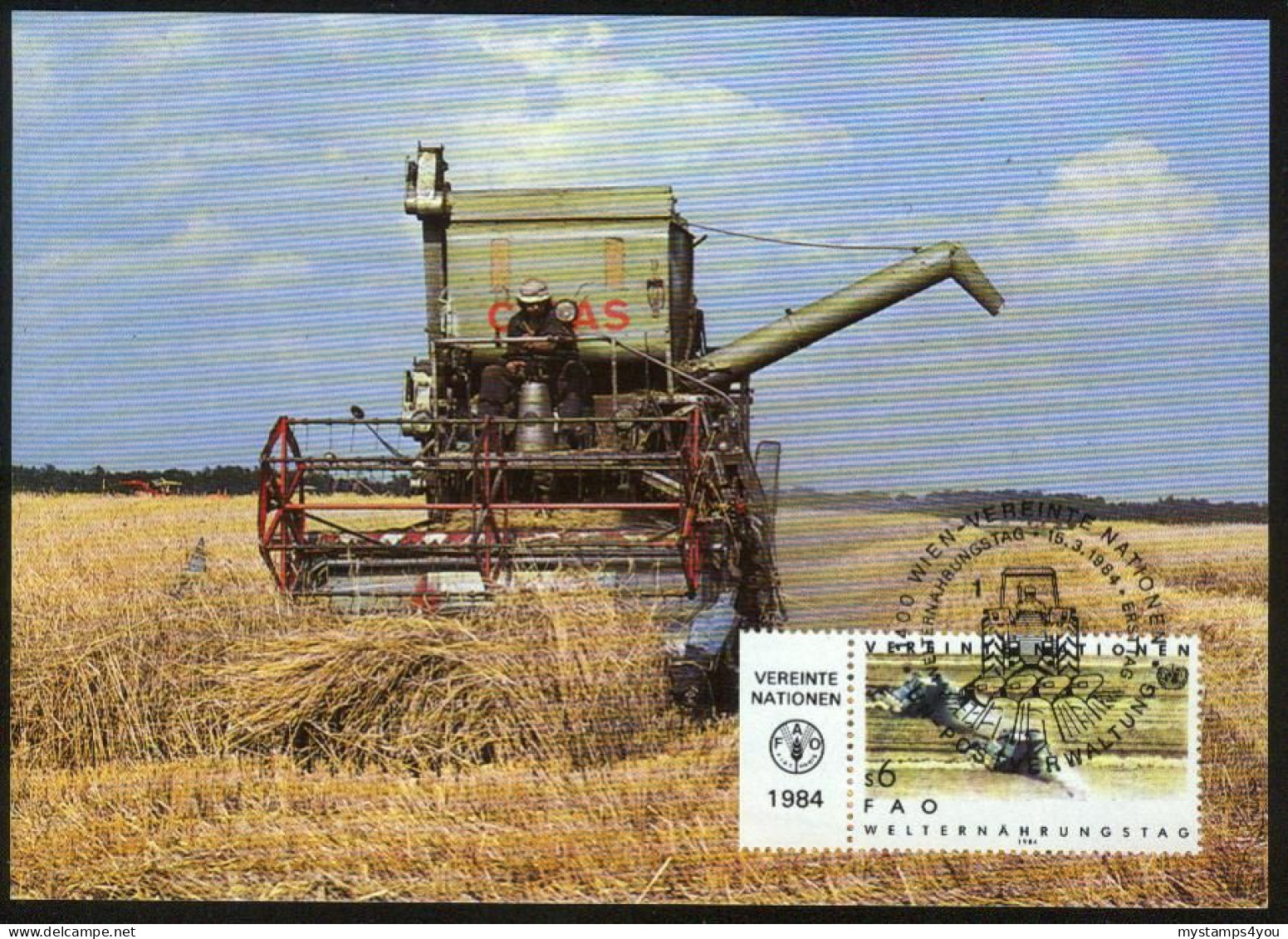 Mk UN Vienna (UNO) Maximum Card 1984 MiNr 40 | World Food Day. Combine Harvesters #max-0040 - Maximumkarten