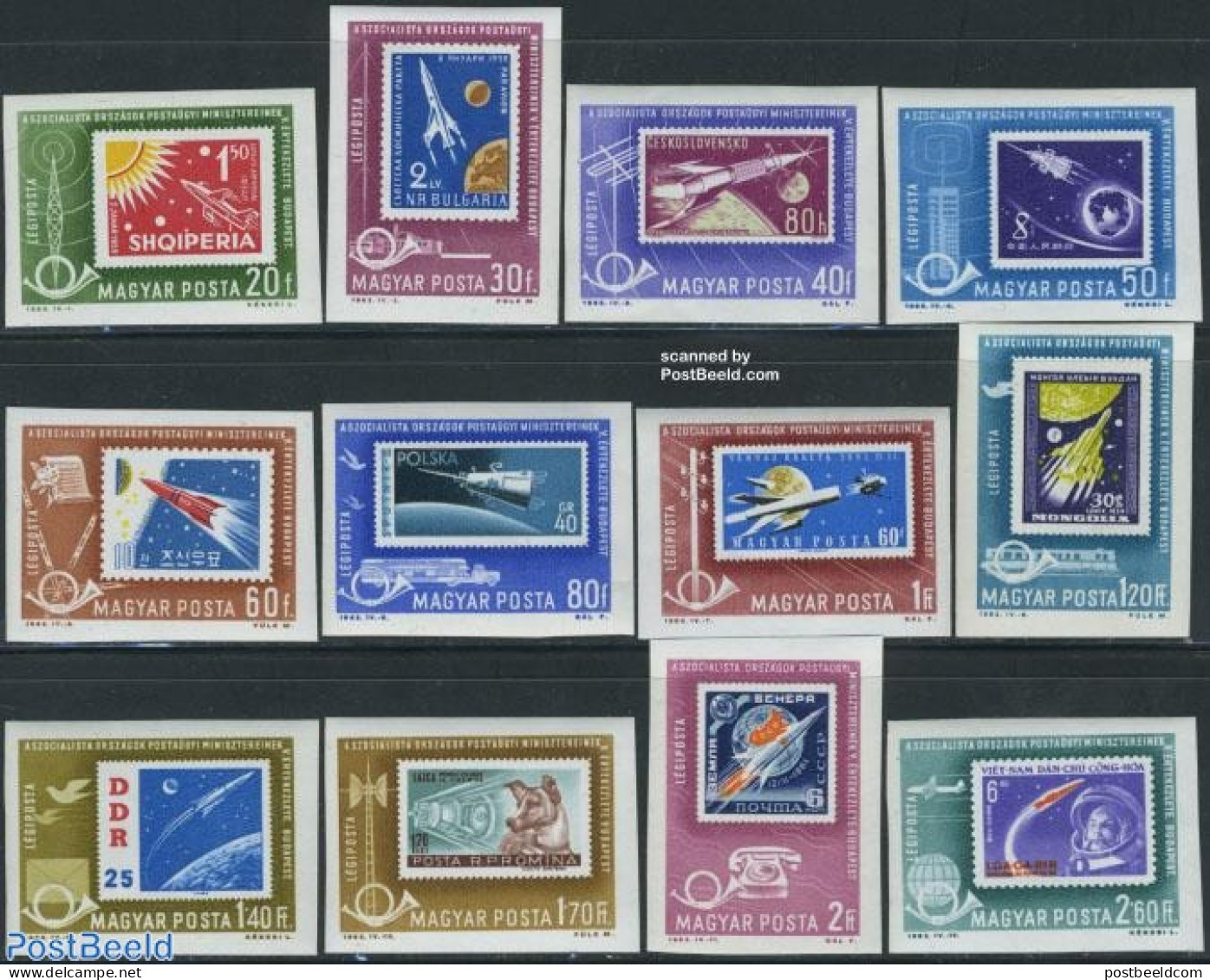Hungary 1963 Postal Ministers Conference 12v Imperforated, Mint NH, Nature - Transport - Dogs - Post - Stamps On Stamp.. - Nuovi