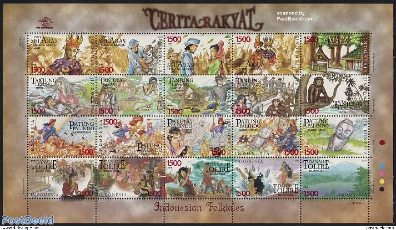Indonesia 2004 Fairy Tales 20v M/s, Mint NH, Nature - Monkeys - Turtles - Art - Fairytales - Contes, Fables & Légendes