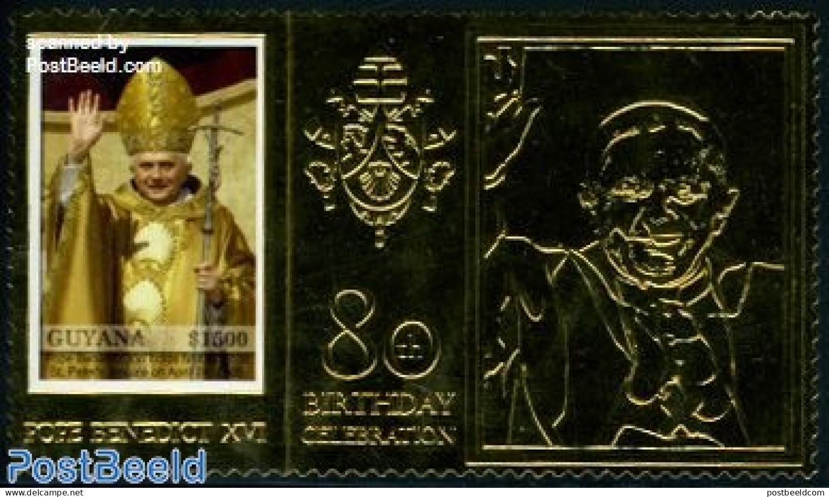 Guyana 2007 Pope Benedict 1v, Gold, Mint NH, Religion - Pope - Päpste