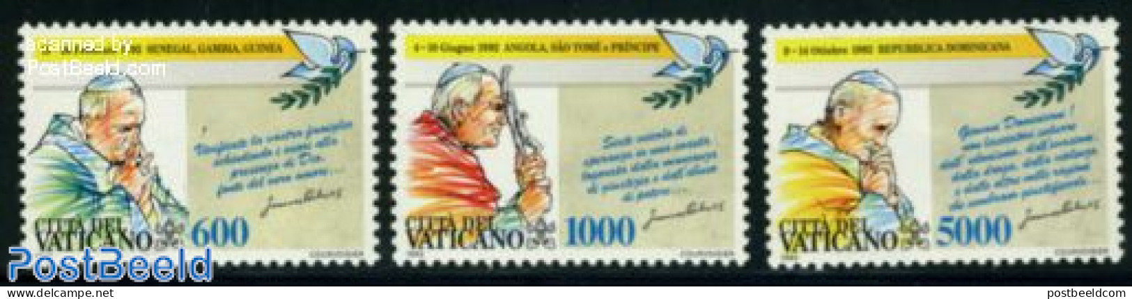Vatican 1993 Pope World Travels 3v, Mint NH, Nature - Religion - Birds - Pope - Religion - Pigeons - Ungebraucht