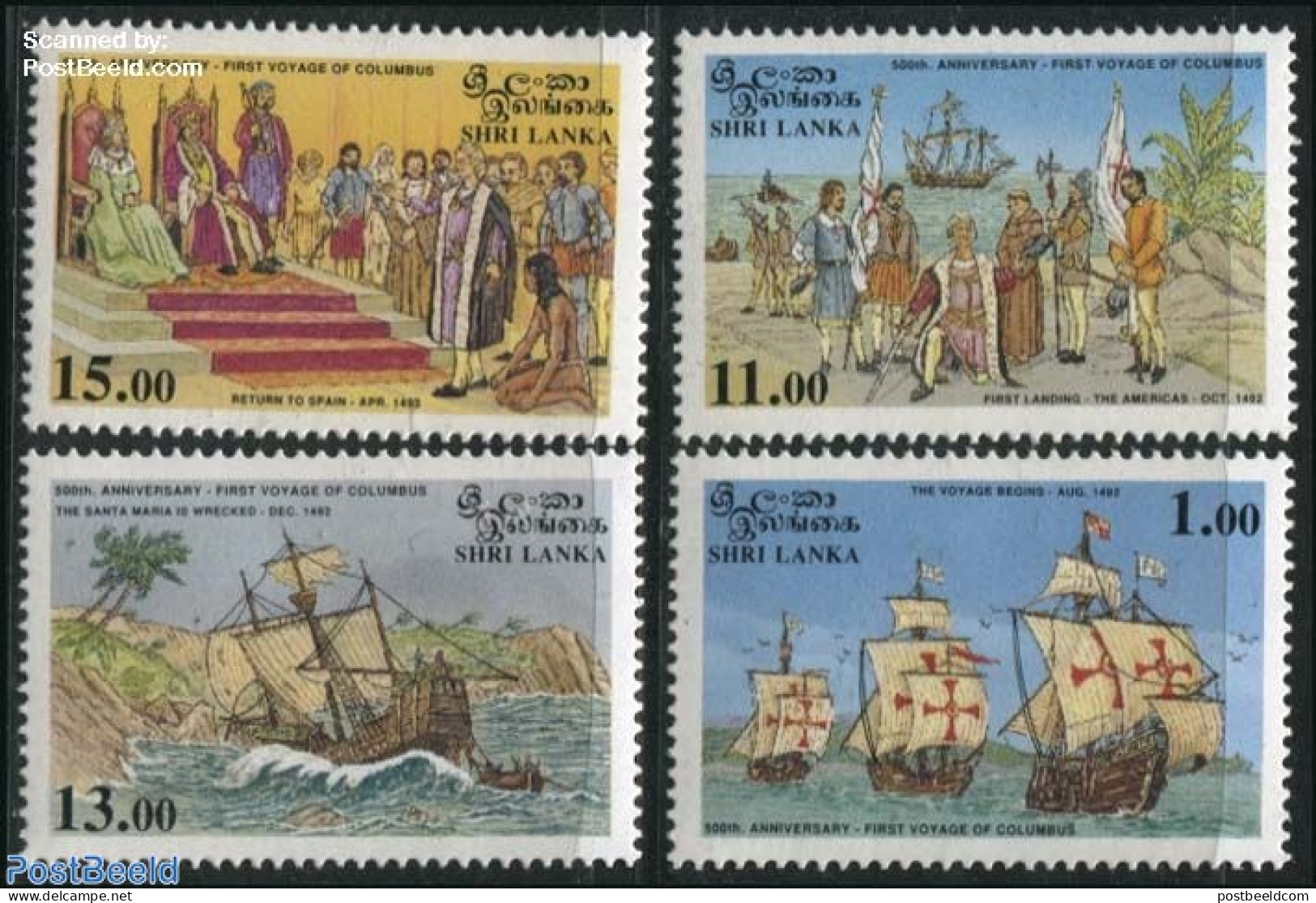 Sri Lanka (Ceylon) 1992 Discovery Of America 4v, Mint NH, History - Transport - Explorers - Ships And Boats - Explorers