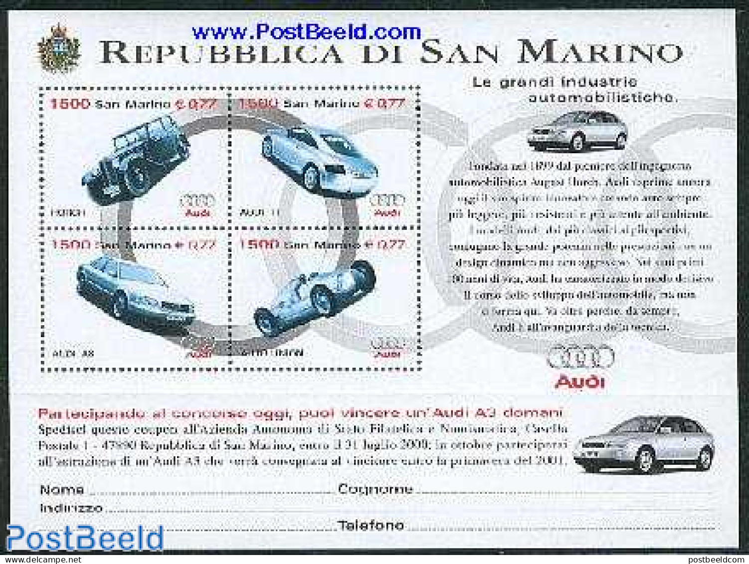 San Marino 1999 Audi S/s, Mint NH, Transport - Automobiles - Ungebraucht