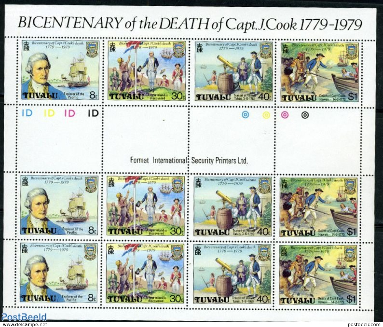 Tuvalu 1979 Death Of James Cook M/s, Mint NH, History - Transport - Explorers - Ships And Boats - Explorers