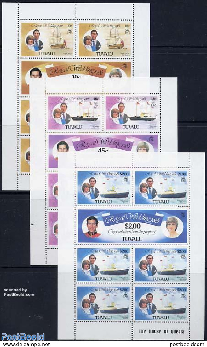 Tuvalu 1981 Royal Wedding 3 M/s, Mint NH, History - Transport - Charles & Diana - Kings & Queens (Royalty) - Ships And.. - Koniklijke Families