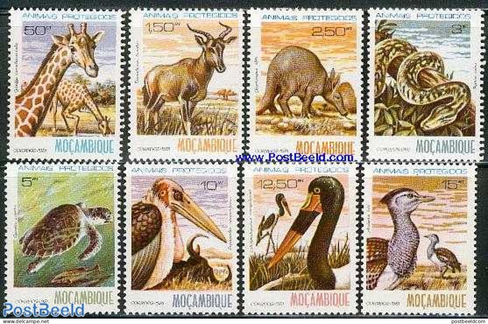 Mozambique 1981 Animals 8v, Mint NH, Nature - Animals (others & Mixed) - Birds - Giraffe - Reptiles - Snakes - Turtles - Mozambico