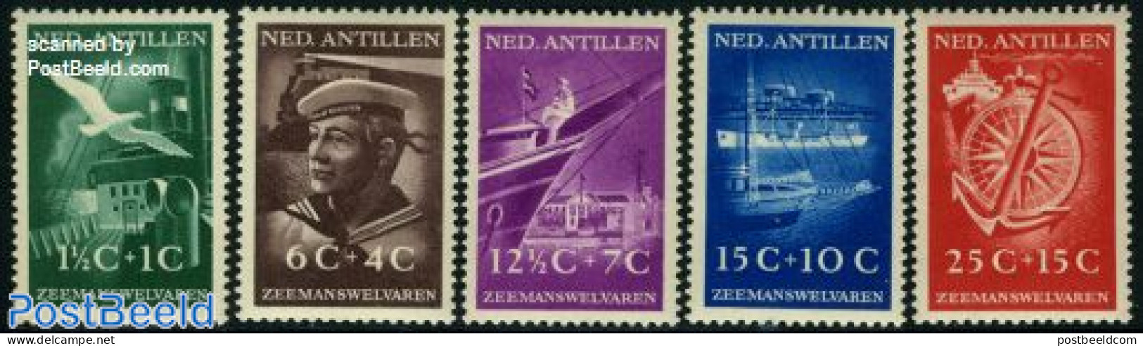 Netherlands Antilles 1952 Seamen Welfare 5v, Mint NH, Nature - Transport - Various - Birds - Ships And Boats - Lightho.. - Schiffe