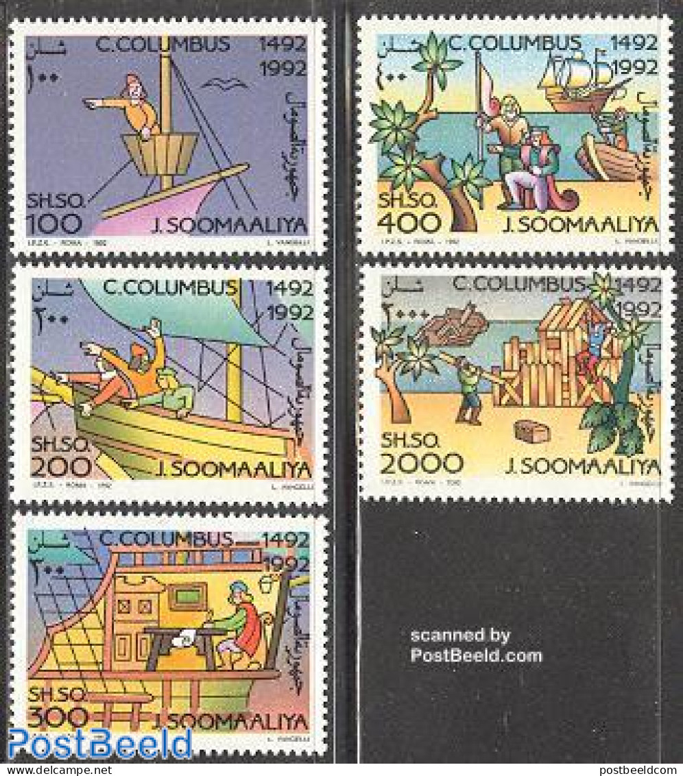 Somalia 1992 Discovery Of America 5v, Mint NH, History - Transport - Explorers - Ships And Boats - Explorateurs