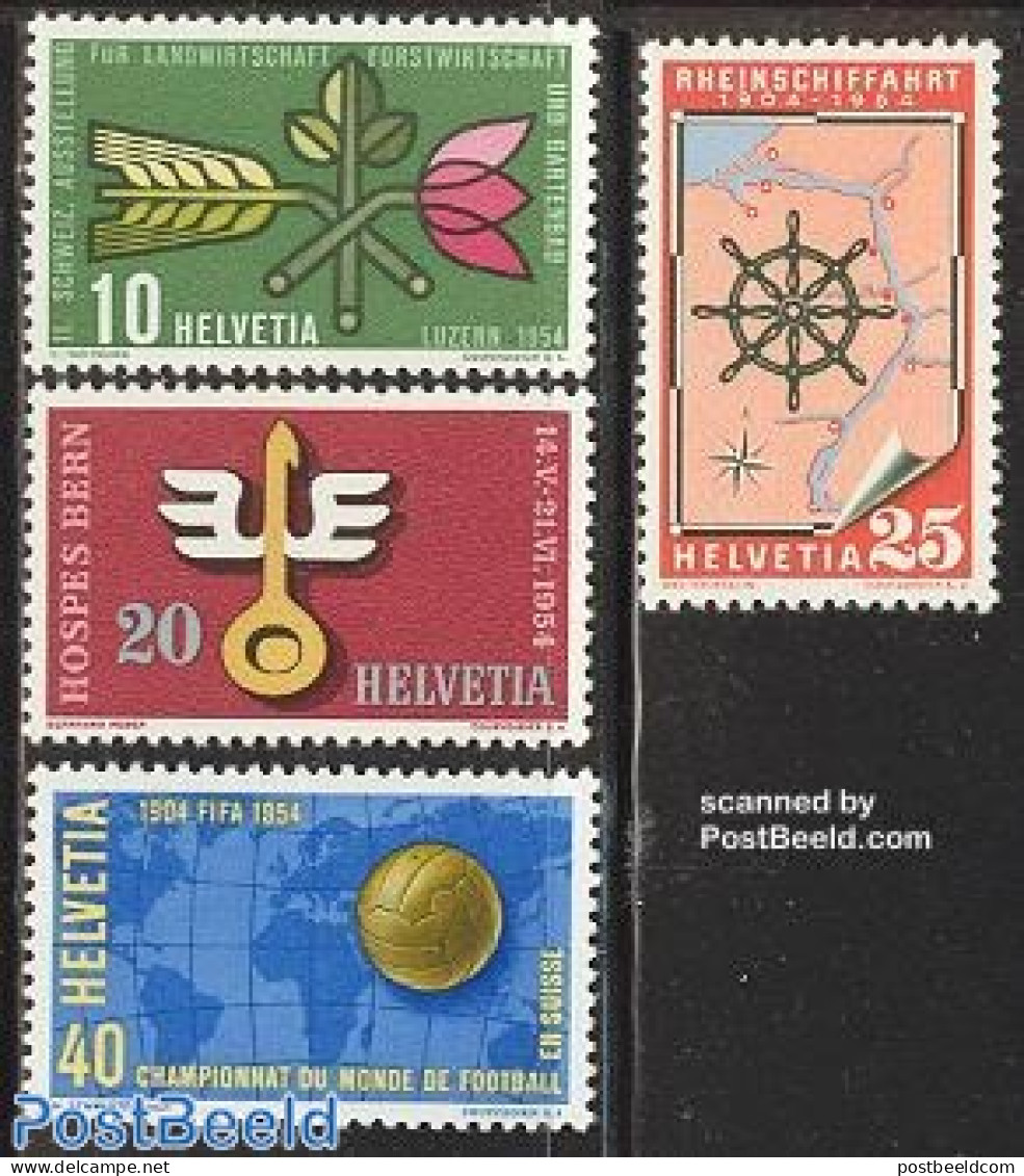 Switzerland 1954 Mixed Issue 4v, Mint NH, Nature - Sport - Transport - Various - Gardens - Football - Ships And Boats .. - Nuovi