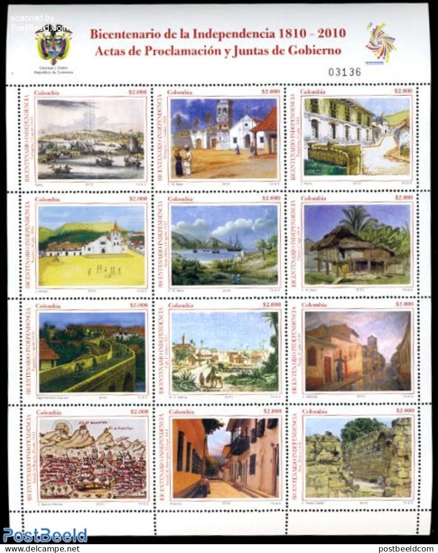 Colombia 2010 200 Years Independence 12v M/s, Mint NH, Transport - Ships And Boats - Art - Paintings - Schiffe