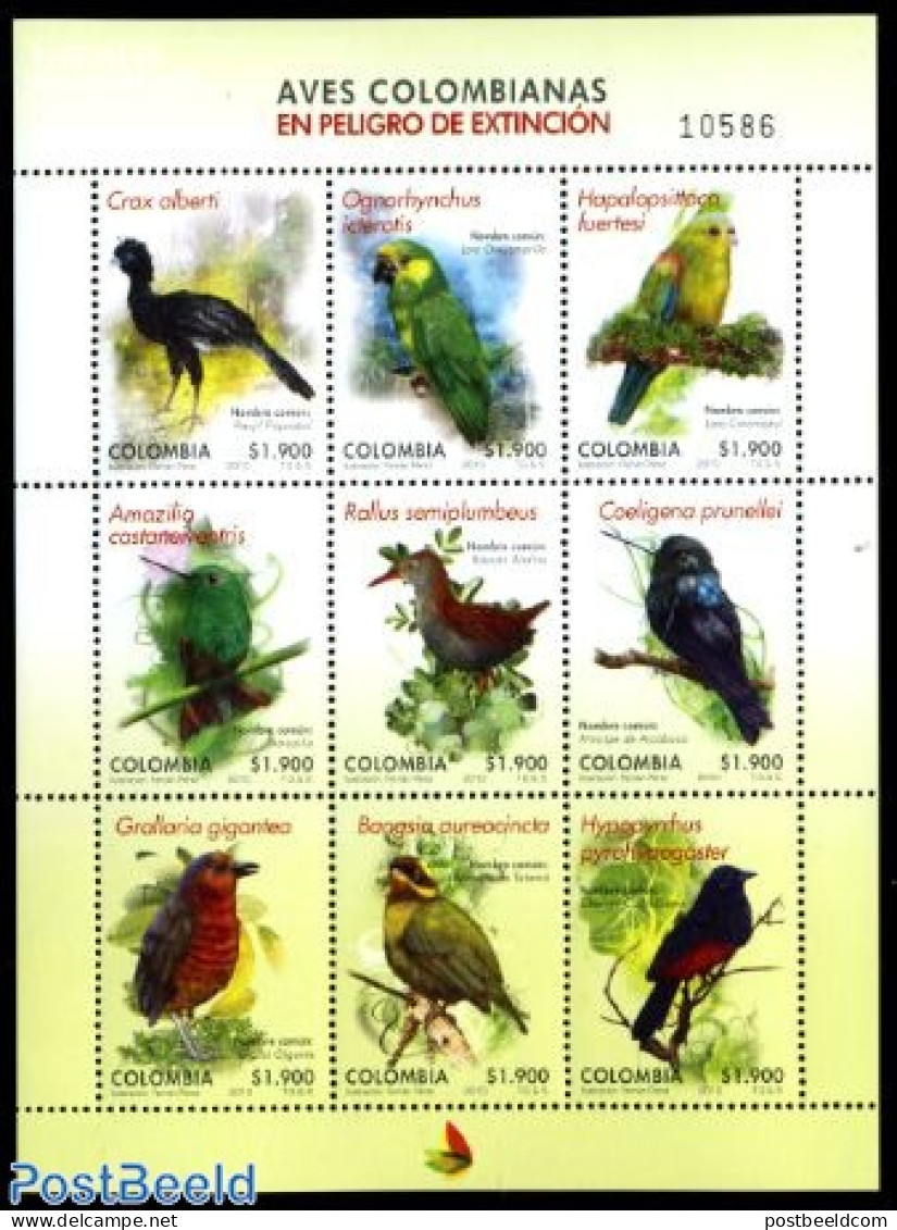 Colombia 2010 Endangered Birds  9v M/s, Mint NH, Nature - Birds - Parrots - Kolumbien