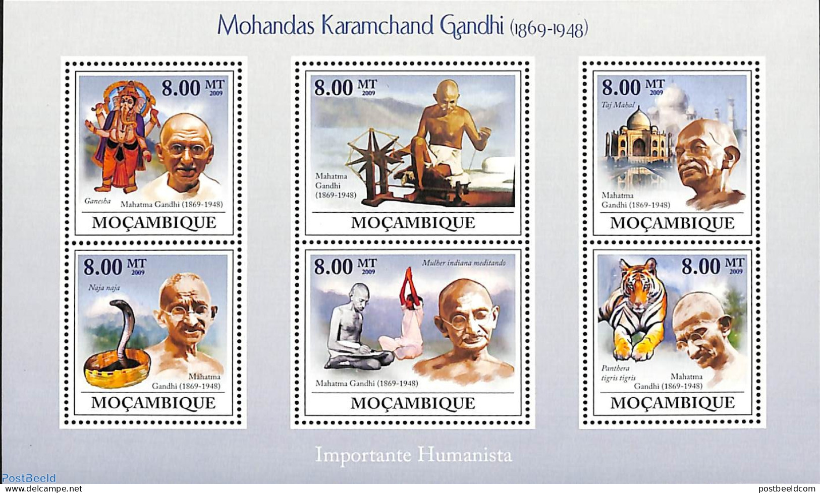 Mozambique 2009 M. Gandhi M/s, Mint NH, History - Nature - Various - Gandhi - Cat Family - Snakes - Textiles - Mahatma Gandhi