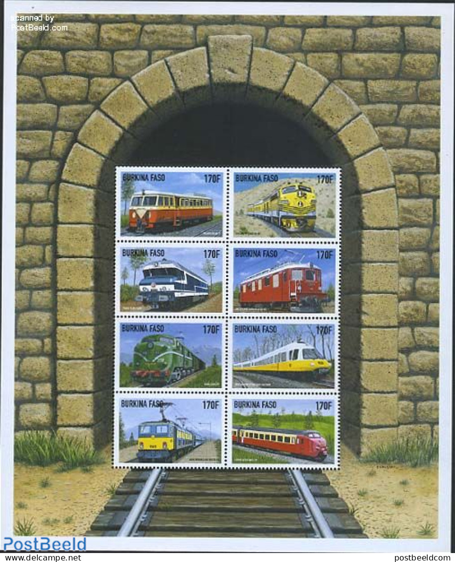 Burkina Faso 1998 Railways 8v M/s (8x170F), Mint NH, History - Transport - Netherlands & Dutch - Railways - Geographie