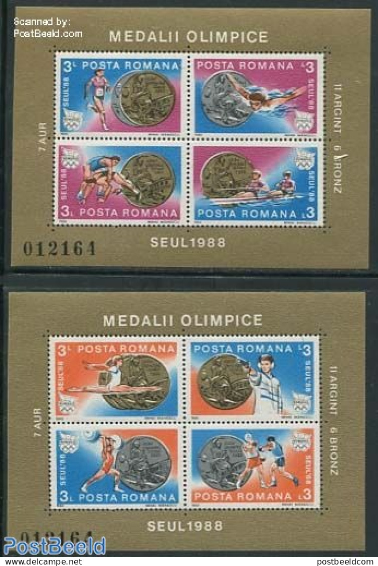 Romania 1988 Olympic Winners 2 S/s, Mint NH, Sport - Boxing - Kayaks & Rowing - Olympic Games - Swimming - Nuevos