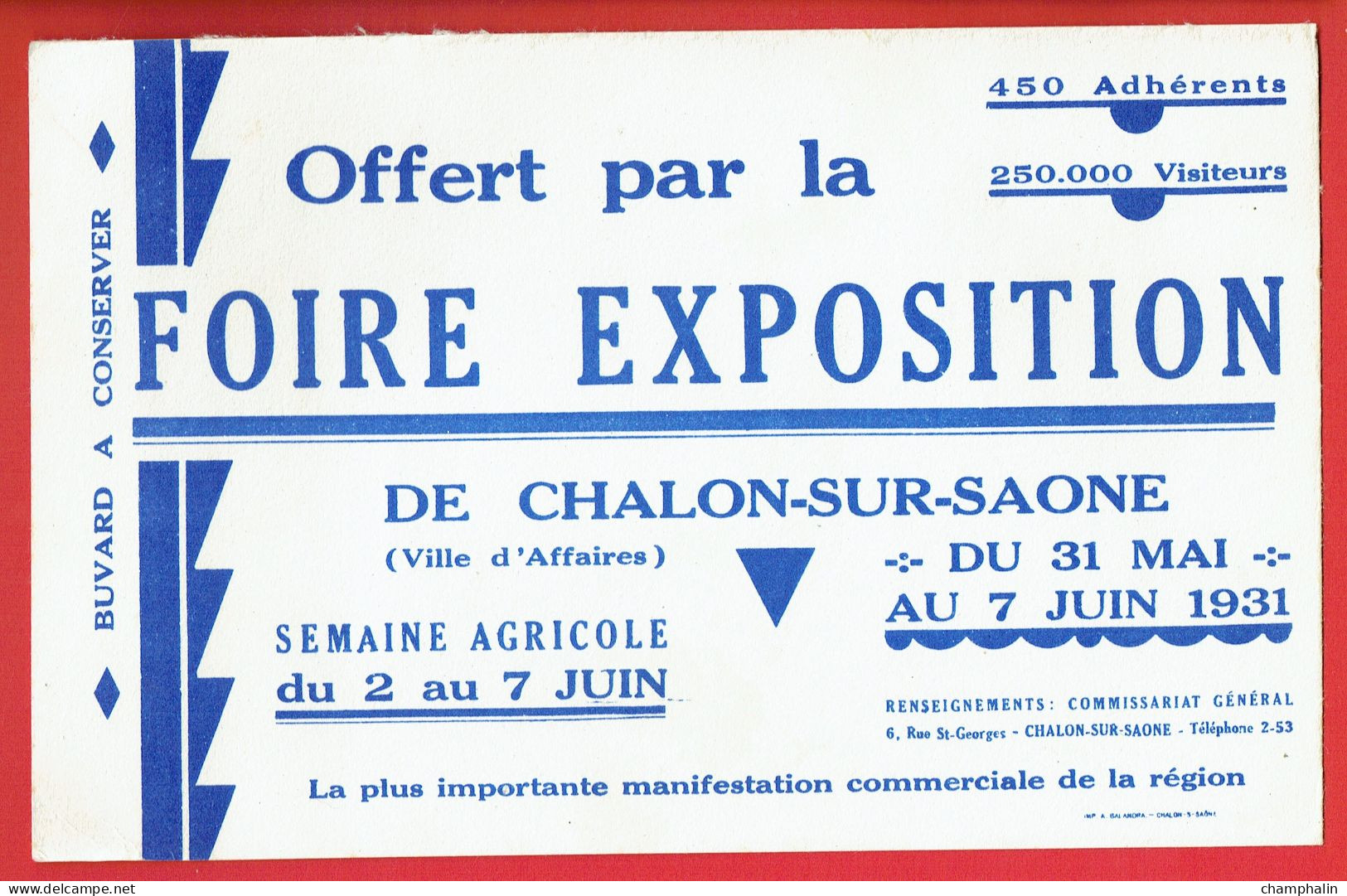 Buvard - Foire Exposition De Chalon-sur-Saône (71) - 31 Mai Au 7 Juin 1931 - Sonstige & Ohne Zuordnung