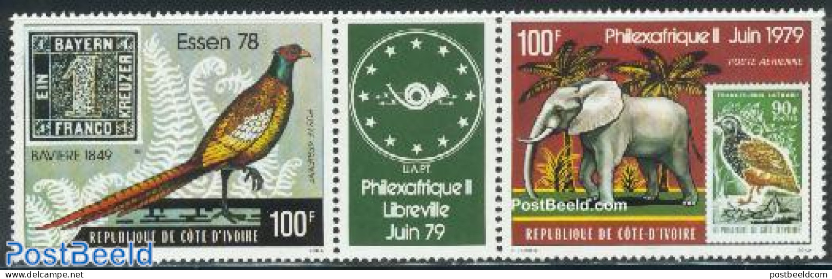 Ivory Coast 1978 Philexafrique/Essen 78 2v With Tab [:T:], Mint NH, Nature - Birds - Elephants - Stamps On Stamps - Ongebruikt