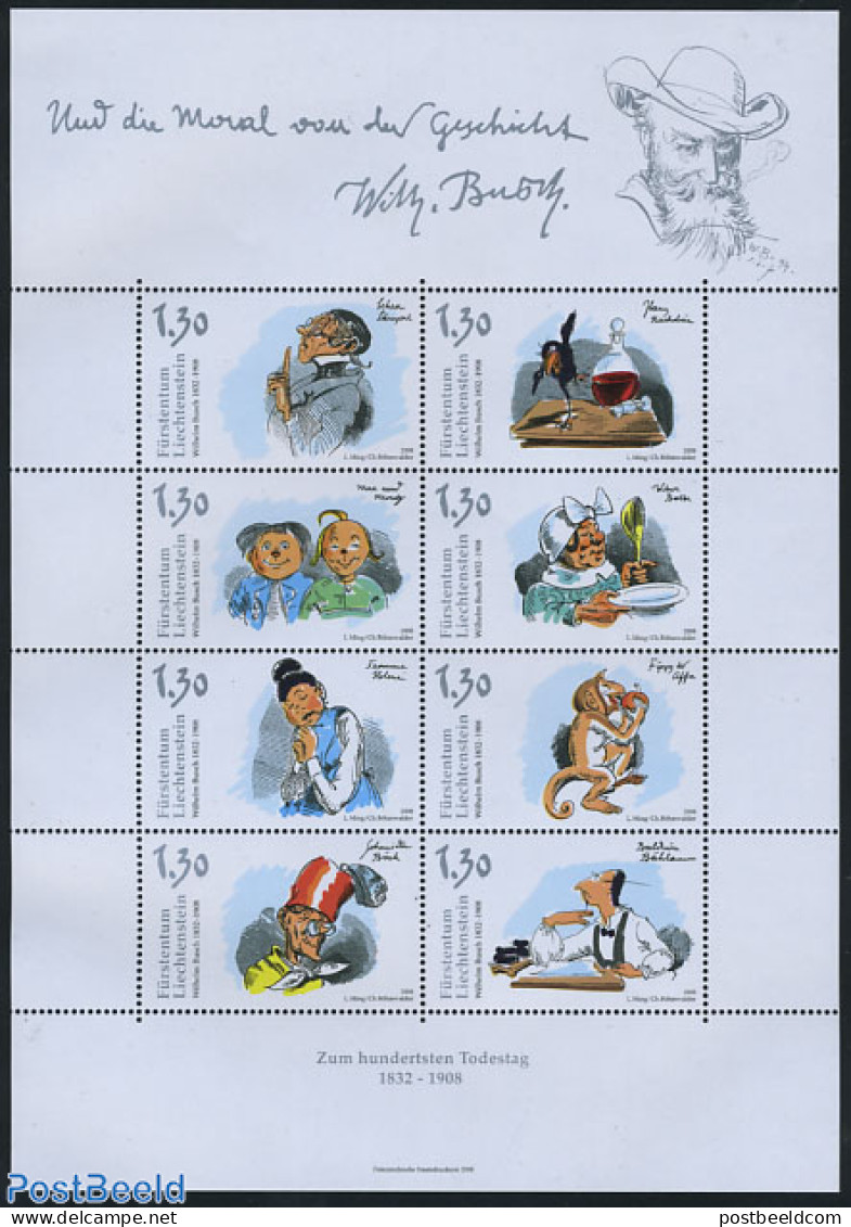 Liechtenstein 2008 Wilhelm Busch 8v M/s, Mint NH, Nature - Birds - Monkeys - Art - Authors - Children's Books Illustra.. - Unused Stamps