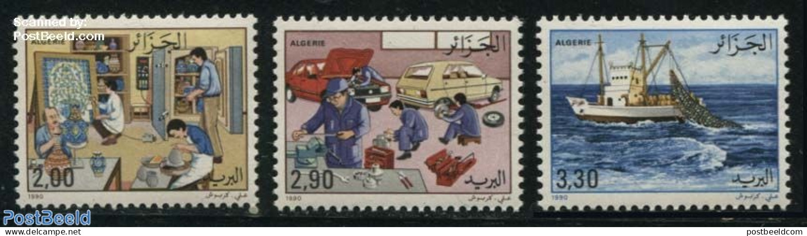 Algeria 1990 Professions 3v, Mint NH, Nature - Transport - Fishing - Automobiles - Ships And Boats - Art - Art & Antiq.. - Nuevos