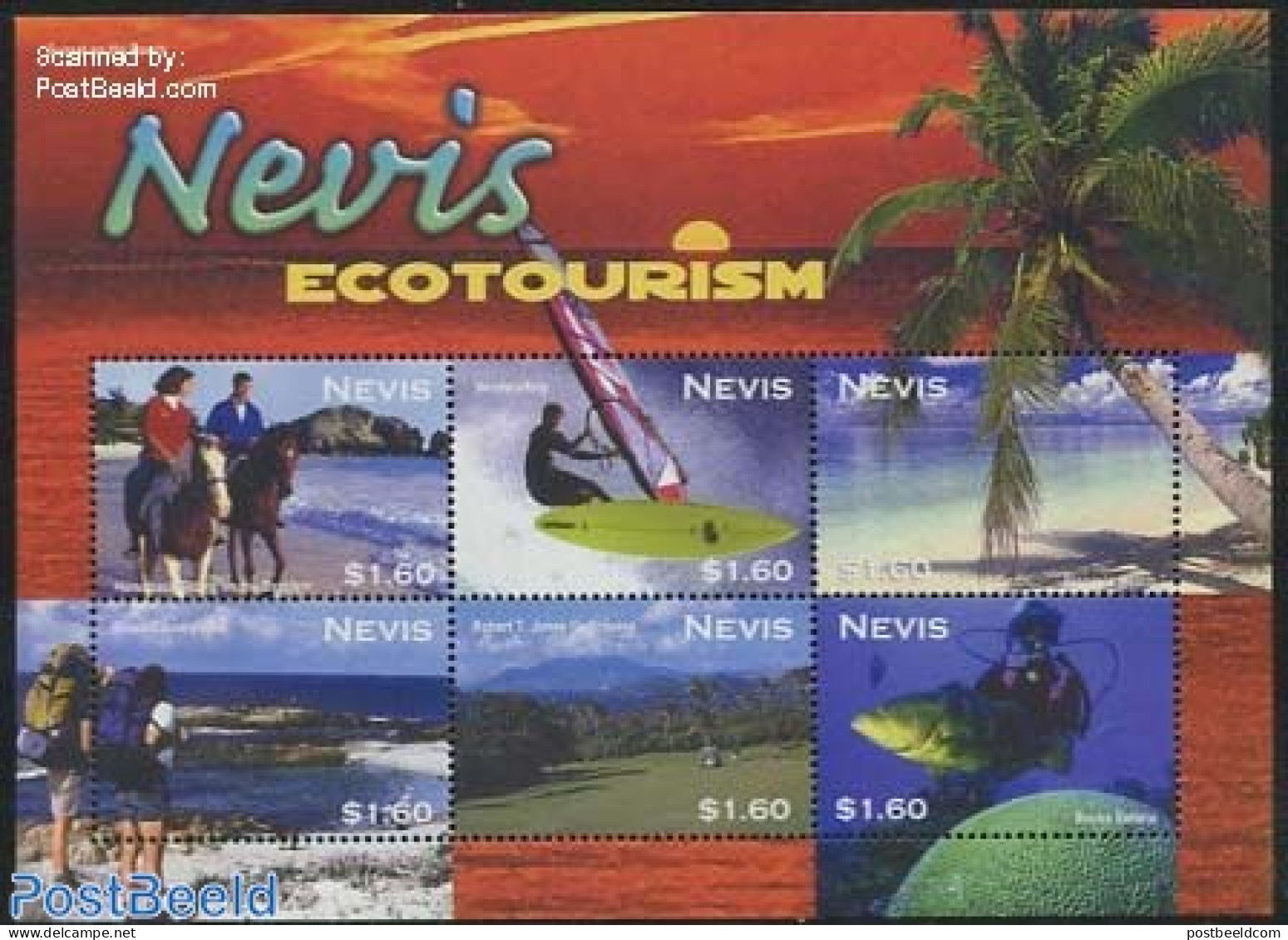 Nevis 2002 Eco Tourism 6v M/s, Mint NH, Nature - Sport - Various - Fish - Horses - Diving - Golf - Sailing - Tourism - Fische