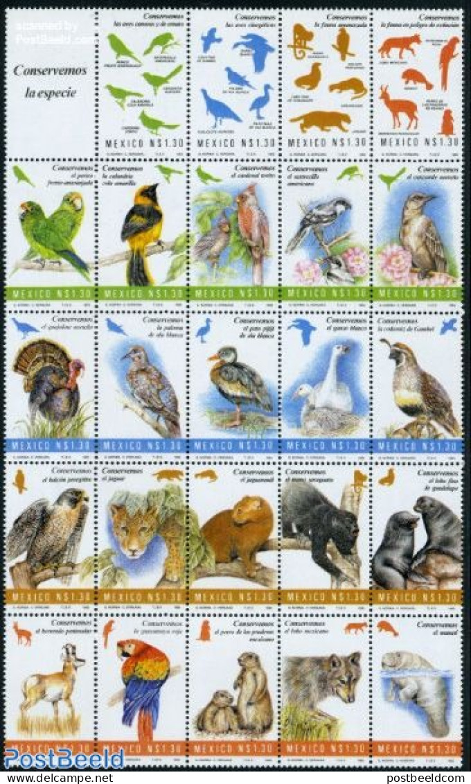 Mexico 1994 Animals 24v M/s, Mint NH, Nature - Animals (others & Mixed) - Birds - Birds Of Prey - Cat Family - Parrots.. - México